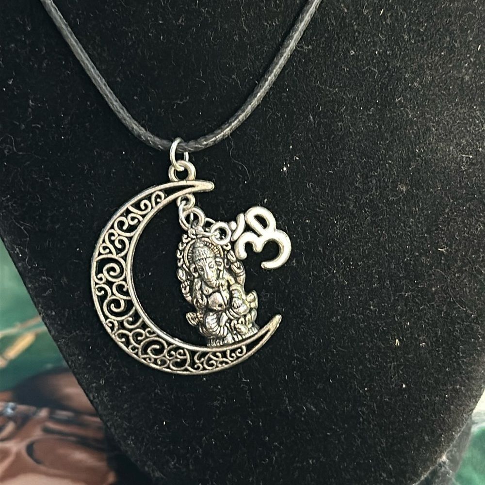 Black Cord Necklace with Ganesha, Om & Moon Charms Yoga Spiritual Style